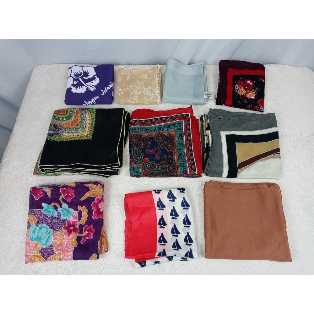 Lot of 10 Vintage Womens Scarves Paisley Floral Nautical Boho Head Scarf Lot 70s